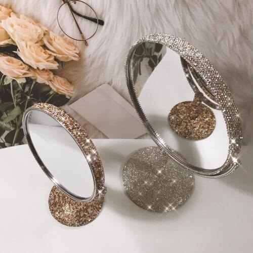 Luxury Vanity Mirror with Rhinestone Makeup Mirror Rotatable Girl Bling Room Table Makeup Decor Round Decorative Mirror Gold