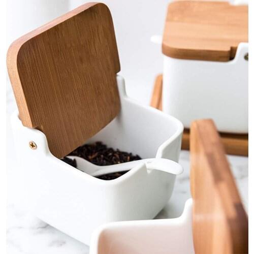 Simplicity Style Sugar Bowl Home Kitchen Set Ceramica Salt Condiment Pot Jars Wood Frame Can Be Hang On The Wall