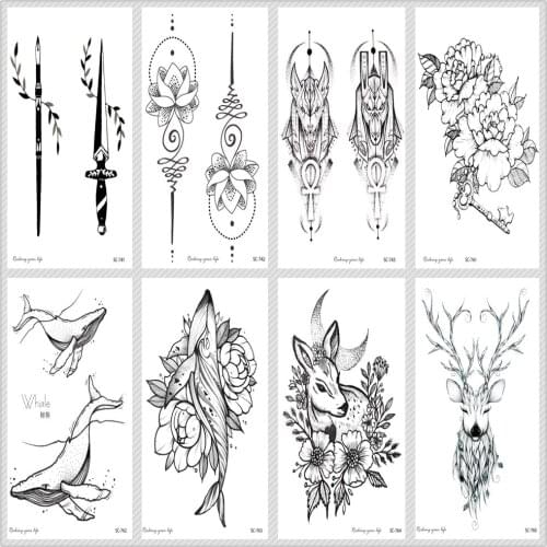 Rocooart Black Tattoo Sticker Deer Elk Taty Hand Tatuajes Whale Flower Fake Tattoo Body Art Waterproof Temporary Tattoo Stickers
