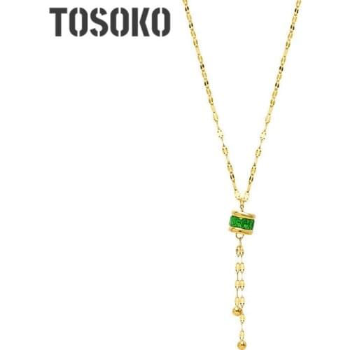 TOSOKO Stainless Steel Jewelry Small Waist Necklace Green Zircon Tassel Pendant Necklace Exquisite Clavicle Chain For Women P687