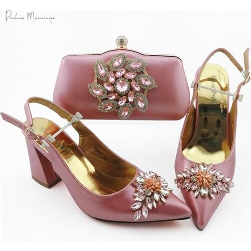 African 2021 New Arrival Italain Design Nigerian Fashion Style Women Shoes and Bag Set Decorated With Rhinestone in Pink Color