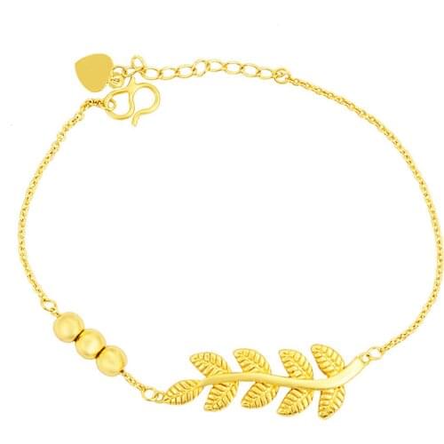 Vintage 24K Gold Color Link Chains Charm Peace Leaves Pendant Bracelets for Man Women Indian Golden Jewelry Wedding Accessories