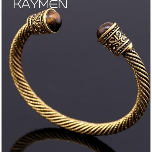 Kaymen Vintage Statement Cuff Bangle Bracelet for Men Women Unisex Jewelry Inlaid Tigers-eye Stone Viking Bangle