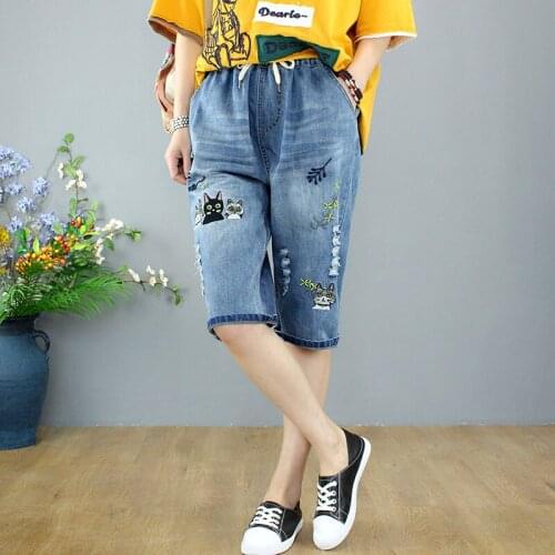 Embroidery Cotton Jeans Shorts Woman Loose Plus Size Women Ladies Casual Denim Ripped Jean Femme