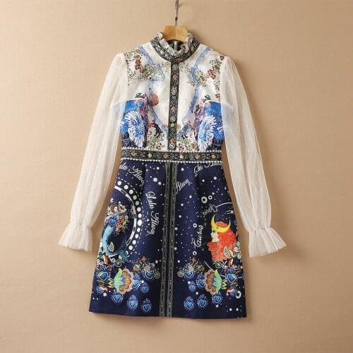 European and American womens wear new autumn 2022 Long sleeve horn sleeve stand collar Lace jacquard nail bead Fashion dress