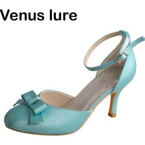Closed Toe Satin Mint Green Shoes Women Heels Ankle Strap Prom Court Shoes Wedding