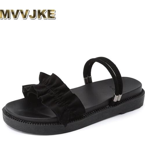MVVJKE Summer ladies sandals ruffle slippers flat open toe Roman sandals casual comfortable beach shoes women outside platform