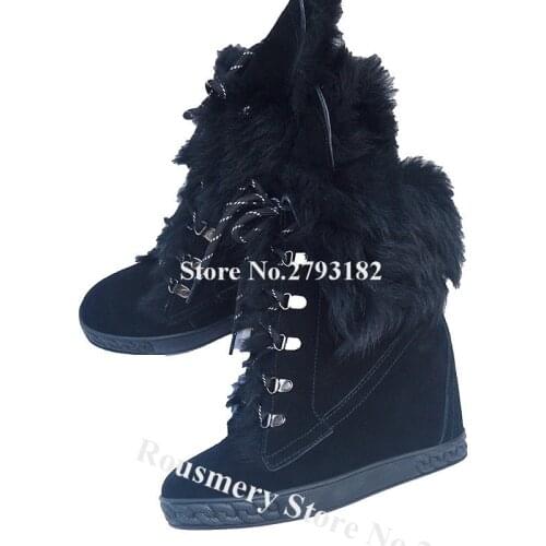 Winter Women Round Toe Black Suede Fur Inside Wedge Heel Short Boots Lace-up Warm Ankle Booties Height Increased Boots