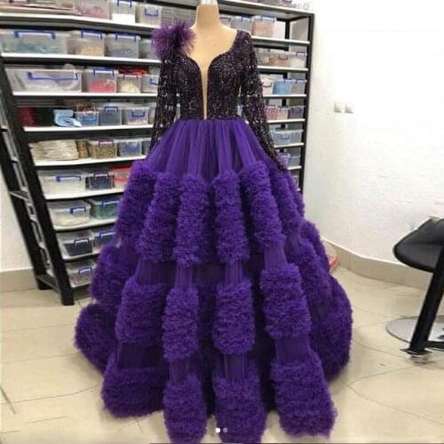 Elegant Purple Long Sleeves Evening Gowns Tulle Ruffles A Line Prom Dresses Saudi Arabia Robe De Soiree Custom Made Party Dress
