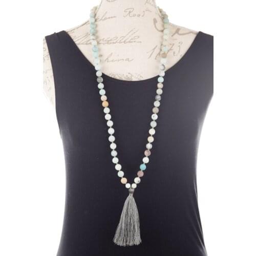 108 Mala Bead Necklace Amazonite Knotted necklace Yoga Mala meditation Beads Jewelry Prayer Necklaces Black Tassel Necklaces
