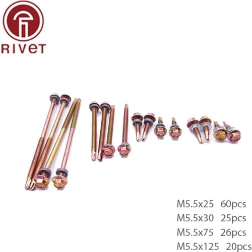 131Pcs Hex Washer Head Self Drilling Tapping Screw Set M5.5 Zinc-Plated Carbon Steel Hexagon Flange Head Wood Screw Kit