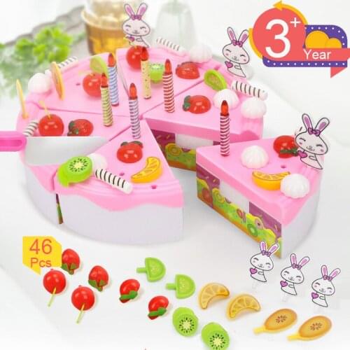 46pcs DIY Simulation Birthday Cake Cutting Children Playhouse Miniature Food Pretend Play Educational Toys Set For Boys Girls