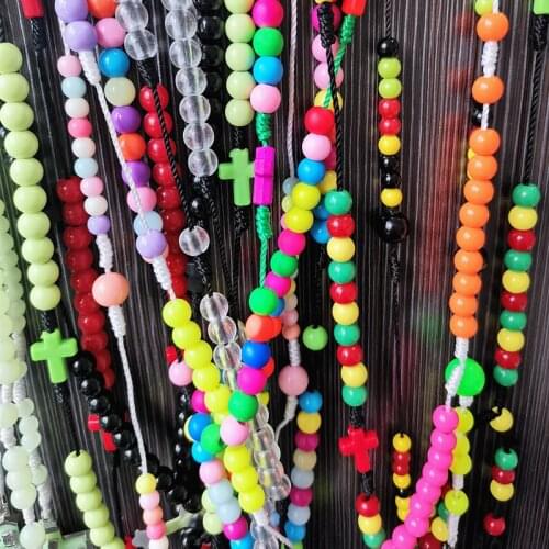 6Pcs/Lot Random Religious Christian Plastic Round Colorful Beads Rosary Mary Jesus Alloy Cross Accessory Necklace Church Prayer