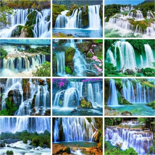 Huacan Diy Diamond Painting Waterfall Scenery Home Decor Embroidery Mountain Spring Landscape Mosaic Wall Stickers