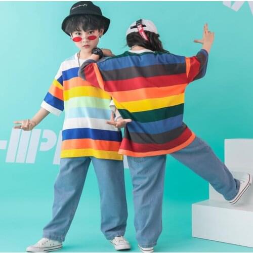 Kids Rainbow Striped T Shirt Top Short Sleeve And Hip Hop Denim Jeans Pants Dance Clothes For Girls Boys Children Outfit 4-16 Y