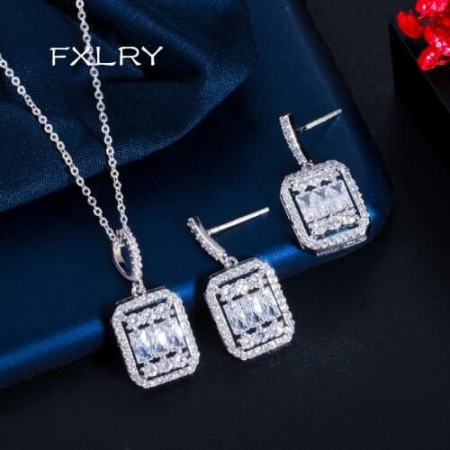 FXLRY High Quality AAA Cubic Zirconia Square Cut CZ Pendant Necklace and Earring Set Women Party Jewelry