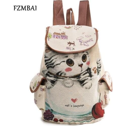 FZMBAI Hot Sale Canvas Study Cat School Bags Female Double Shoulder Bags Cute Girls Embroidery Backpack