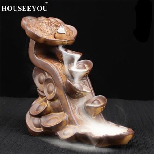 HOUSEEYOU China Traditional Wishful Words Backflow Incense Burner Ceramic Small Buddha Incense Holder Aromatherapy Censer