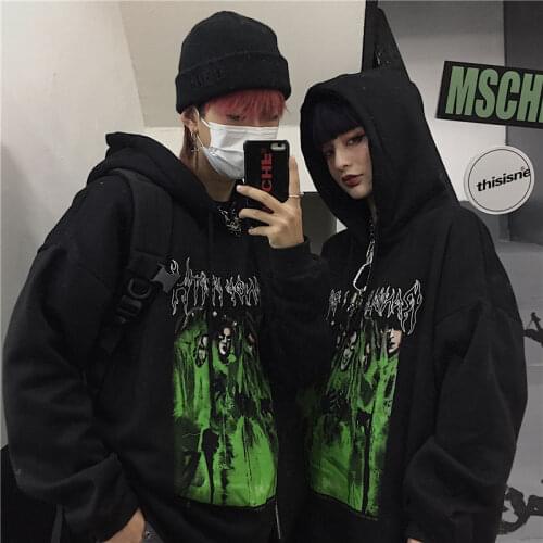 Harajuku Casual Loose Female Fleece Hoodies Dark Letter Character Women Fleece Hooded Sweatshirts Autumn Lady Fleece Top