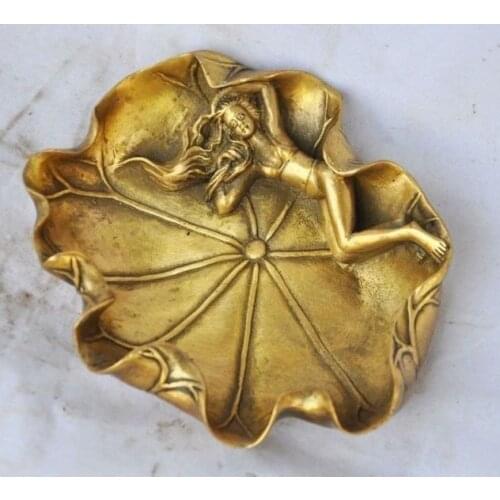 Exquisite China Bronze Lotus leaf Belle Pen wash Statue