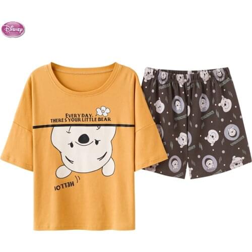 Disney Summer Cotton Pajamas Womens Short Sleeve Shorts Winnie the Pooh Letter Print Kawaii Cartoon Home Suit Pajama Sets Women