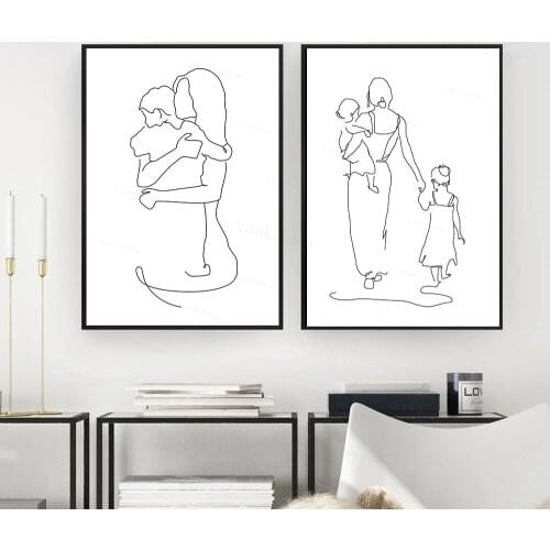 Nordic Minimalist Posters Mother and Daughters Son Line Drawing Abstract Wall Art Canvas Print Painting Decorative Picture