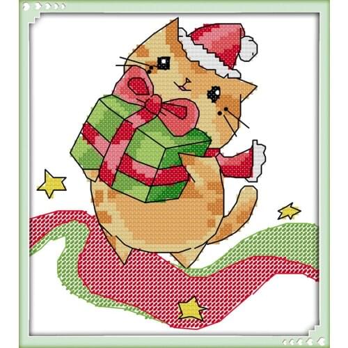 Christmas kitten cross stitch kit aida 14ct 11ct count printed canvas stitches embroidery DIY handmade needlework