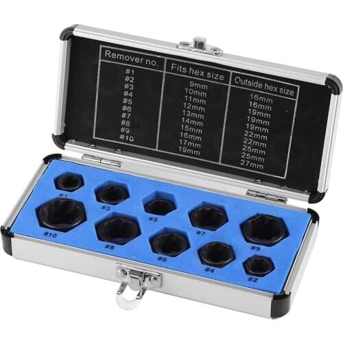 10Pcs Drive Socket 9-19mm Damaged Nut Stud Extractor Bolt Remover Locking Set Threading Tools Kit