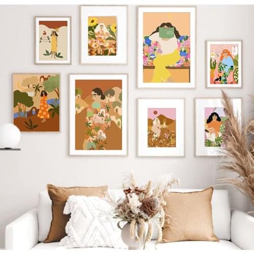 Colorful Plant Girl Book Sun Abstract Figure Wall Art Canvas Painting Nordic Posters And Prints Pictures For Home Design Bedroom