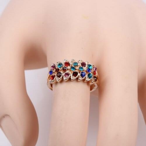 Fashion New 2021 Colorful Crystal Bead Stone Leaf Design Finger Ring for Women Gold Color Plated Metal Alloy Party Girls Jewelry
