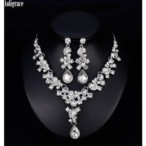 2021 New Rhinestone Crystal Bridal Jewelry Sets for Women Necklace Earrings Set Wedding Jewelry Accessories Gifts for Prom Party