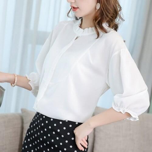 New Korean Womens Chiffon Bottom Blouse Office Ladies Long Sleeve Pure Color Shirt Female Spring Summer Stand Collar Top H9111