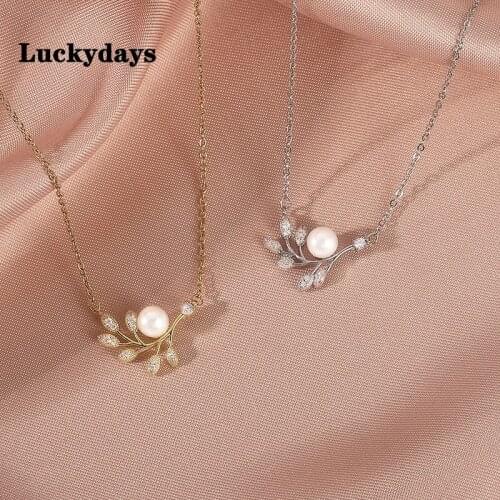 Luckydays New Round Pearl Leaf Charm Pendent Necklace For Women Girls Party Jewelry Choker Collar