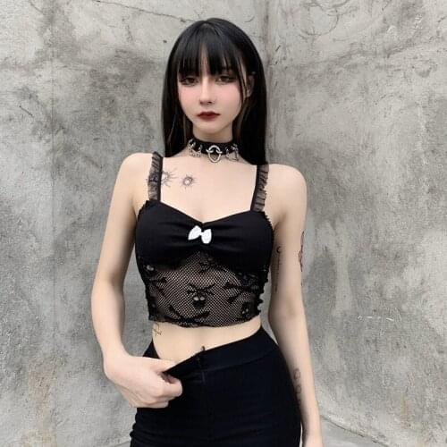 Mesh Perspective Skull Graphic Patchwork Gothic Crop Top Backless Sexy Fashion Strap Short Vest Women Slim Camisole Summer Tank