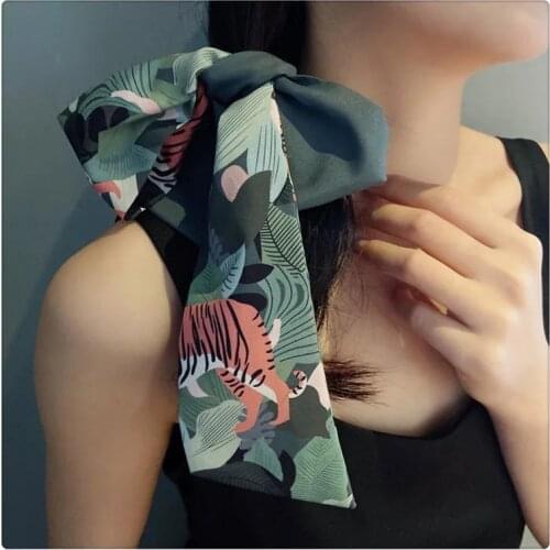 Luna&Dolphin Charming Girl Narrow Long Skinny Scarf 100x7cm White Cat Tiger Chiffon Silky Tie Ribbon Headbands Choker Streamer