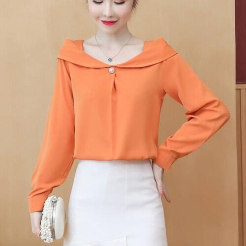 Blue Chiffon Blouses And shirts Spring Autumn Solid Square Collar Womens Shirt Long Sleeve Pullover Tops All-match Blusas Mujer