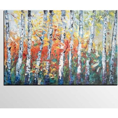 Handmade thick knife high quality Modern Abstract Fine Artwork Canvas Decor Autumn Birch Tree Oil Painting for Living Room