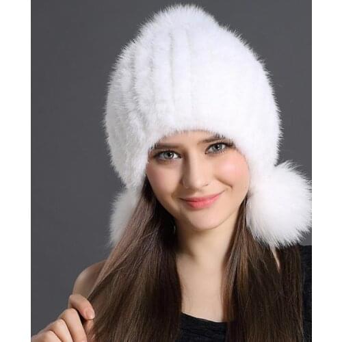 Women Winter real mink hair cap hand knitted , keep head and ear warm high quality free size