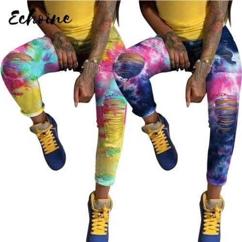 Women Tie Dye Print Hole Pencil Jeans Sexy Streetwear High Waist Hollow Out Washed Denim Pants Fashion Trousers Plus Size 2XL