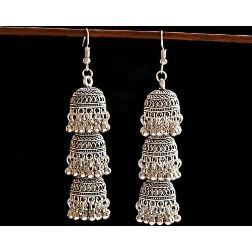 Womens Ethnic Retro Silver Color Bell Indian Jhumka Earrings Wedding Jewelry Classic Vintage Alloy Tassel Earrings Bijoux