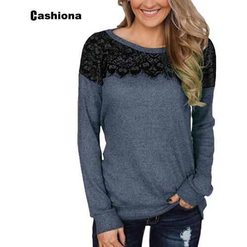 Women Patchwork Lace Tops Ladies Elegant Leisure Casual T-shirt Round Neck Womens Tees Pullovers 2021 Spring Autumn Shirt Femme