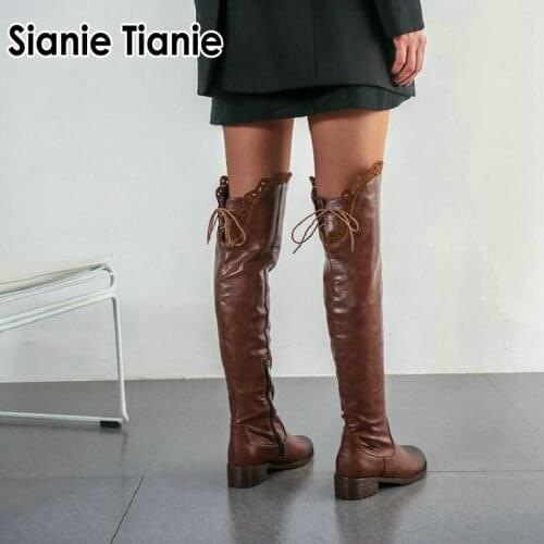 Sianie Tianie loose winter boots women chunky med heels cowgirls overknee over-the-knee high boots with lace ruffles boots shoes