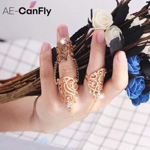AE-CANFLY 2020 Punk Geometric Hollow Full Finger Gold Chain One-piece Ring Woman Inlaid Ring Girl Jewelry Gift Wholesale