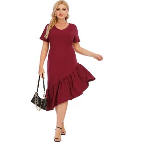 4XL Plus Size Bodycon Party Dress Women 2021 Summer Short Sleeve Ruffles Irregular Dress Red Maxi Long Dresses