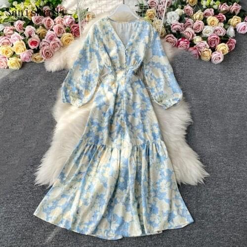 Sanishroly 2021 Vintage Chic Women Floral Print Dress V Neck Long Large Hem Chiffon Dresses Ladies Holiday Beach Vestidos Robe
