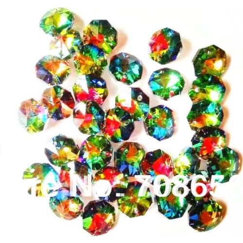 HOT SALE 1000pcs 14MM MULTICOLOURED OCTAGON CRYSTAL GLASS BEADS CHANDELIER CHAIN PARTS IN TWO HOLES