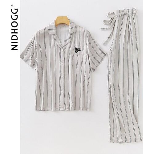 2021 New Satin Stripe Cat Embroidery Pocket Pajamas for Women Viscose Short Sleeve Trousers Two Piece Set Summer Korean Homewear