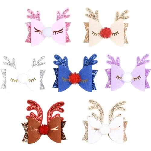 Boutique 15pcs Cute Glitter Reindeer Bowknot Hairpins Eyelash Pom Pom Bow Hair Clips Princess XMAS Headwear Hair Accessories