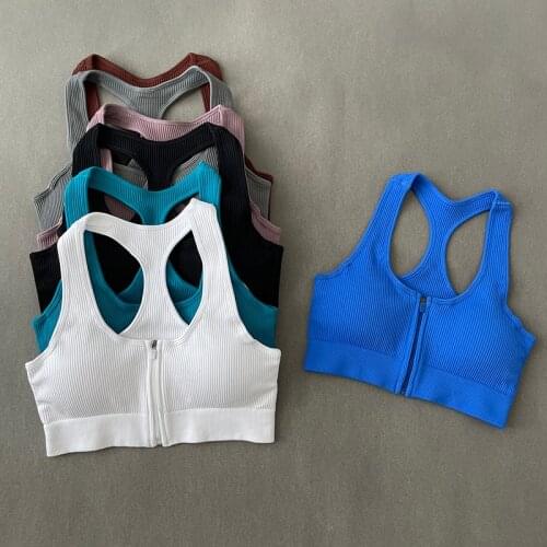 Womens Sports Top Front Zipper Push Up Bra Knitted Fitness Crop Top Sexy Yoga Running Vest Padded Workout Bras Sportswear