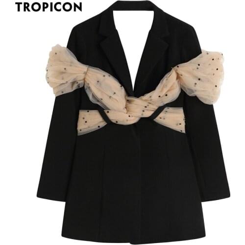TROPICON Backless Mesh Bow Black Blazer Dresses Fall 2021 Womens Fashion Desinger Runway Laides Long Sleeve Mini Dress Clothing